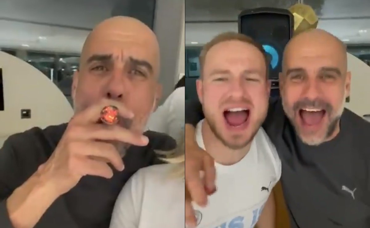 Guardiola fuma charuto e canta Oasis em festa de campeão do City